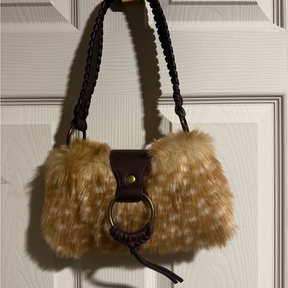 Urban Outfitters Faux Fur Satchel in Golden Tan with Dark Brown Trim